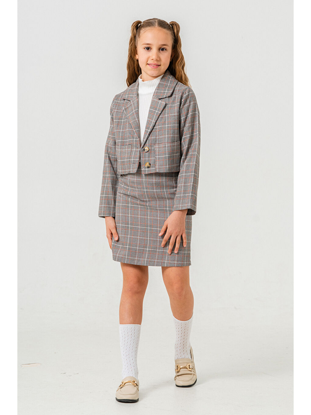 Kruvaze Ceketli Üçlü Etekli Takım 5-9 Yaş Ekru 3759-3