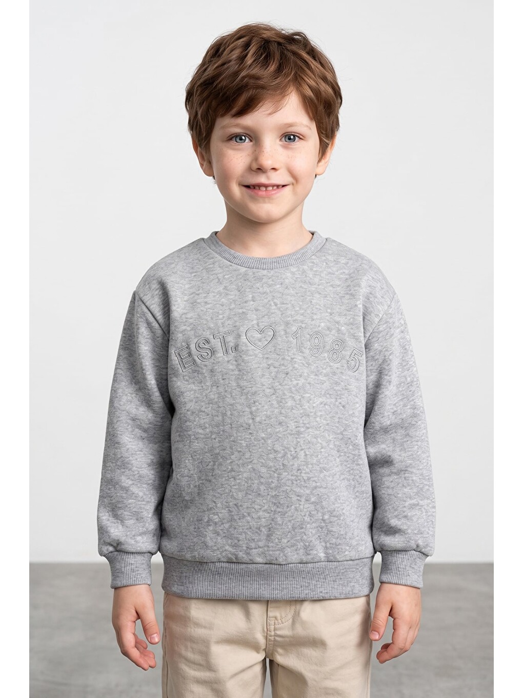 Gri 3 İ̇plik Est Yazı Nakışlı Unisex Çocuk Sweatshirt-1
