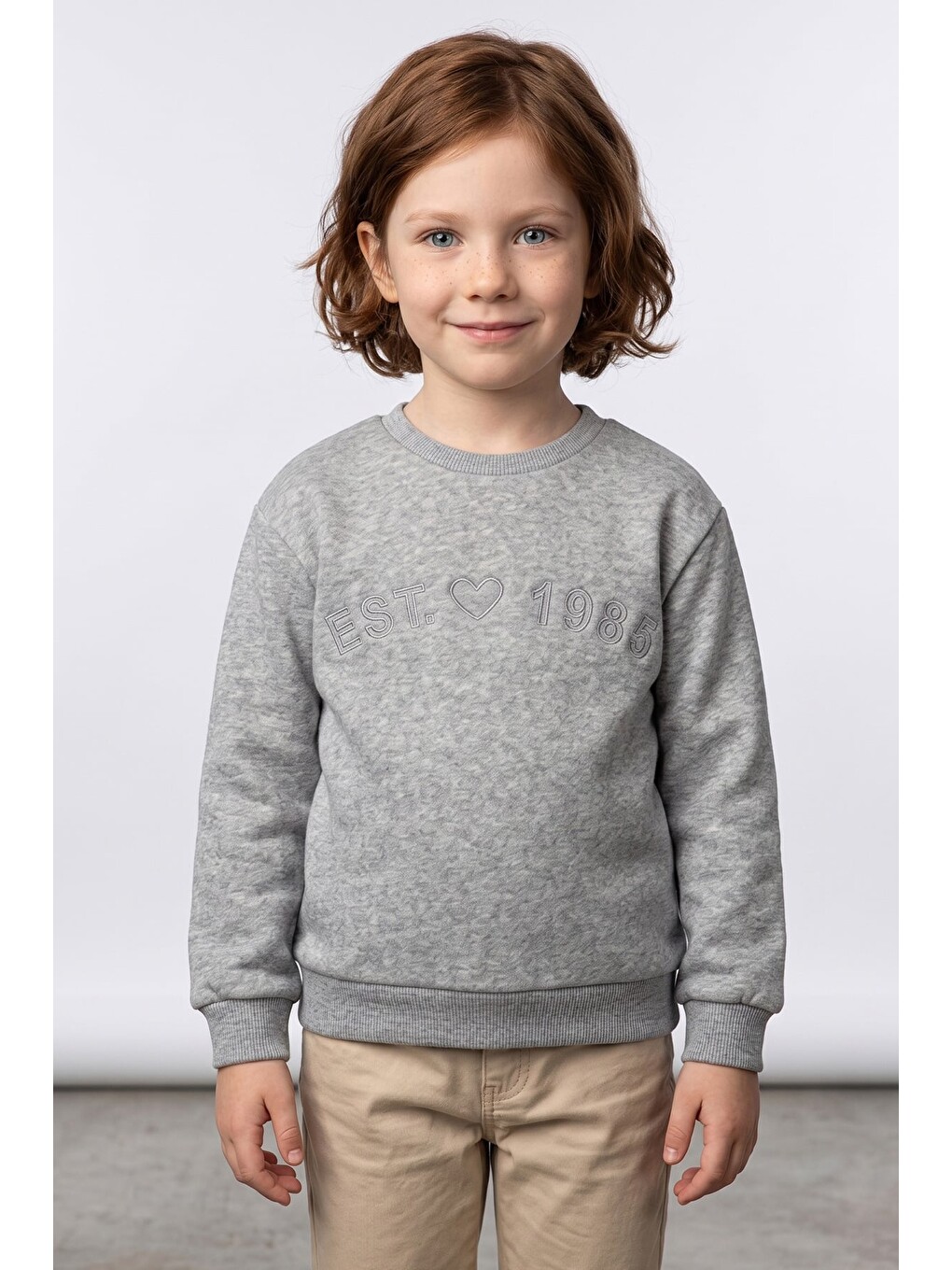 Gri 3 İ̇plik Est Yazı Nakışlı Unisex Çocuk Sweatshirt-2