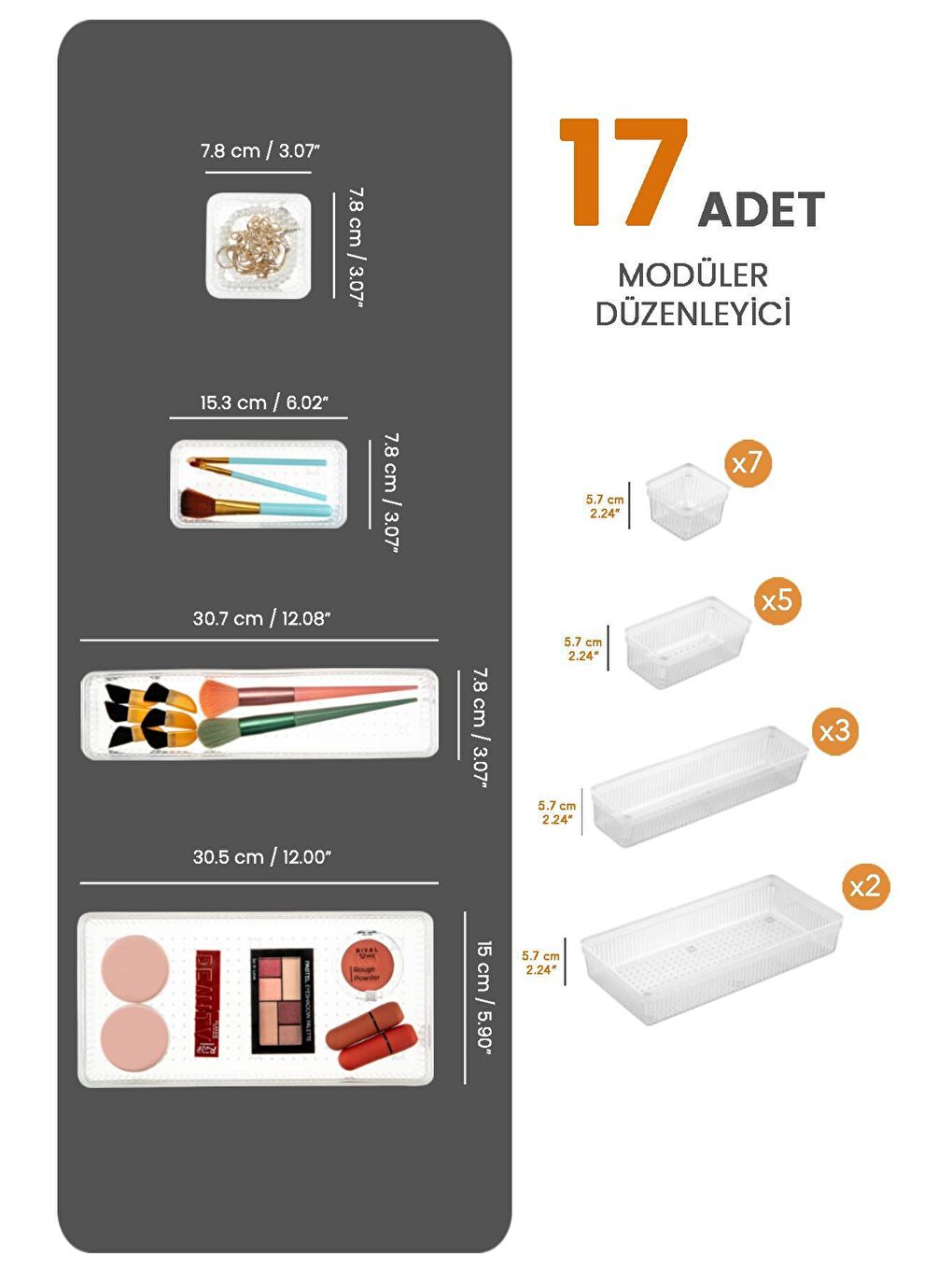 Renksiz 17 Parça Modüler Düzenleyici Kutu Seti - Banyo Kozmetik Aksesuar Organizer Şeffaf-1