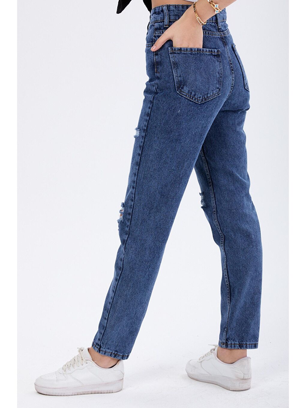 TOFİSA Mavi Düz Orta Kadın Mavi Mom Jeans Lazerli Jean Pantolon - 23810 - 4