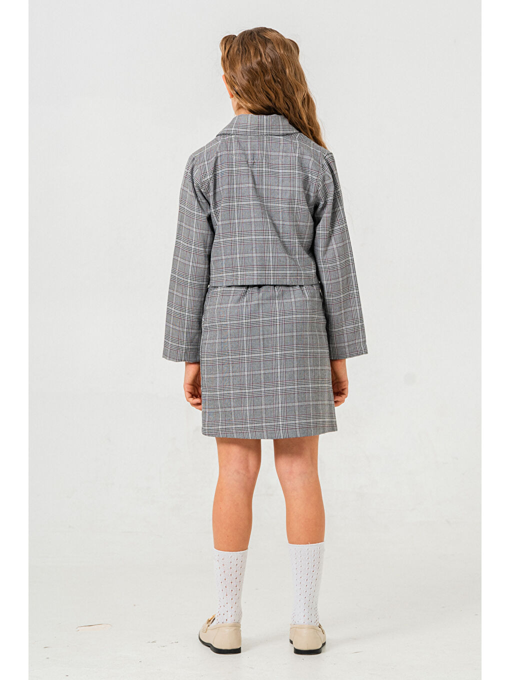 Kruvaze Ceketli Üçlü Etekli Takım 5-9 Yaş Gri 3759-1-2