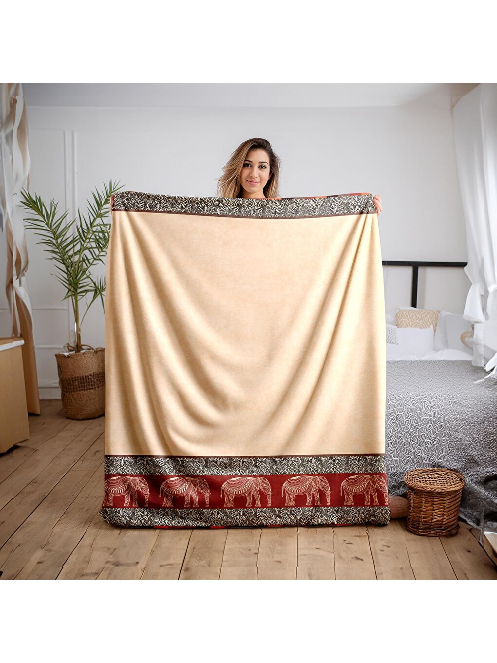 Ekru Baskılı Polar Krem Battaniye TV Battaniyesi Makinada Yıkanabilir Battaniye 80 x 100 cm-1