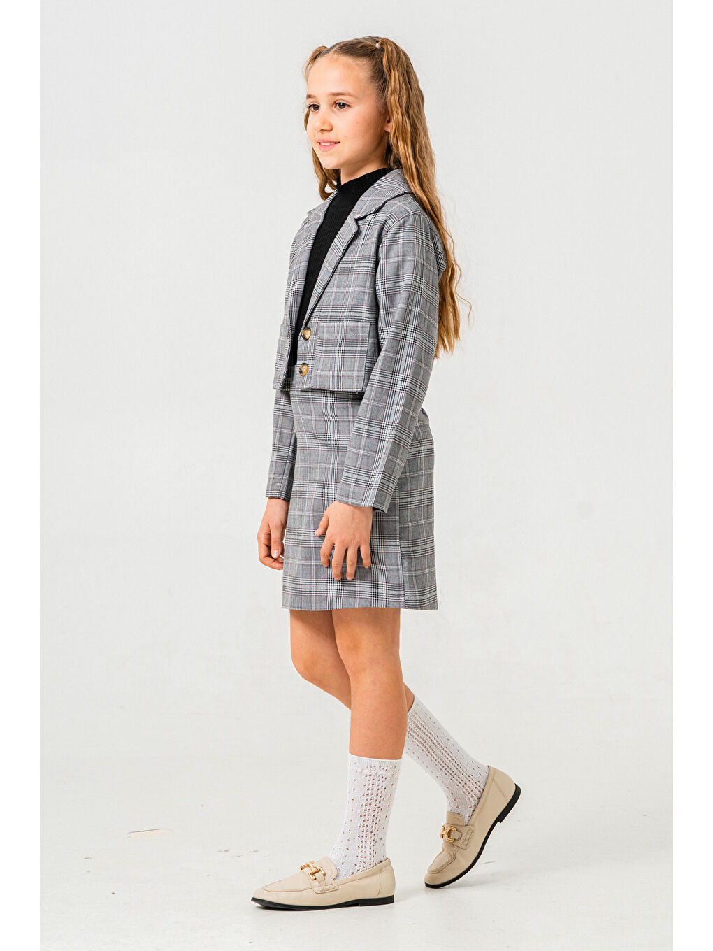 Kruvaze Ceketli Üçlü Etekli Takım 5-9 Yaş Gri 3759-1-3