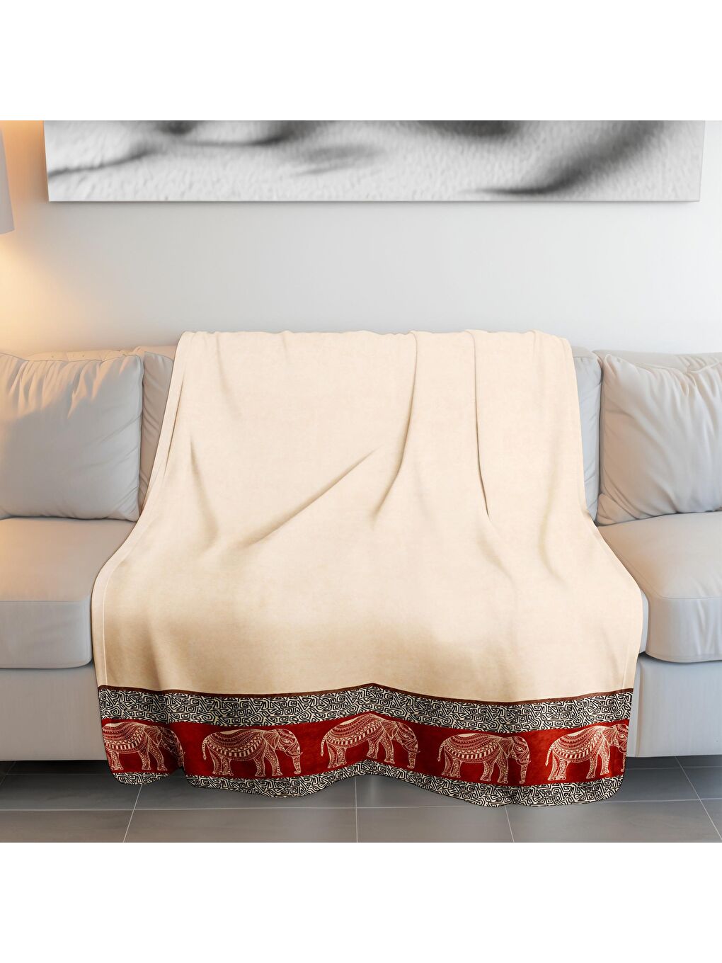 Ekru Baskılı Polar Krem Battaniye TV Battaniyesi Makinada Yıkanabilir Battaniye 80 x 100 cm-2
