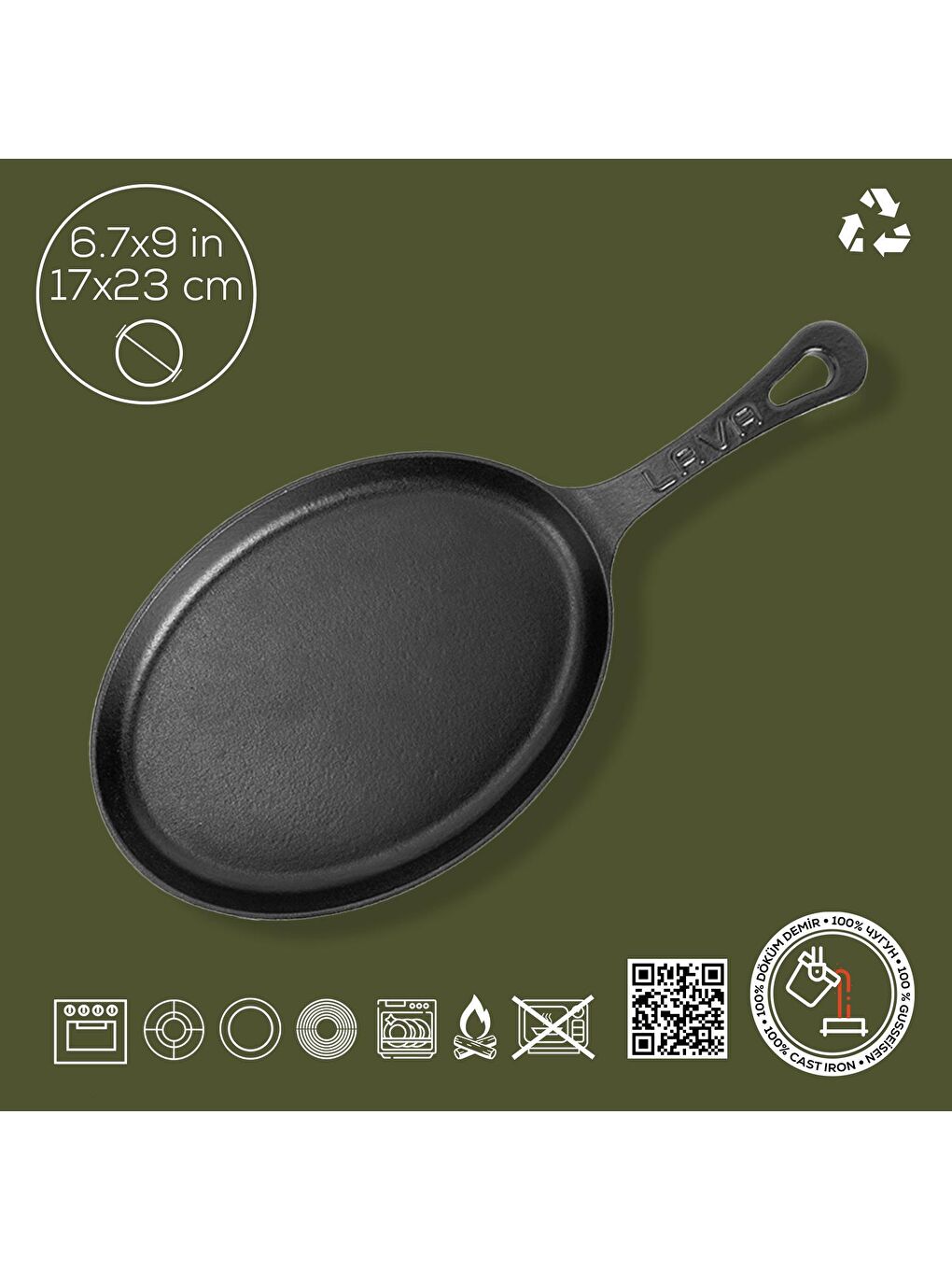 Siyah Oval Fajita Tabağı Döküm Demir Yekpare Saplı Ölçü 17x23cm.-1