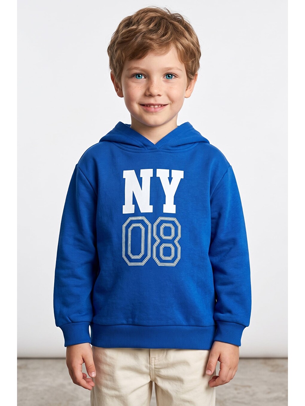 Mavi 3 İ̇plik Yazı Ve Sayı Baskılı Kapüşonlu Erkek Çocuk Sweatshirt-1