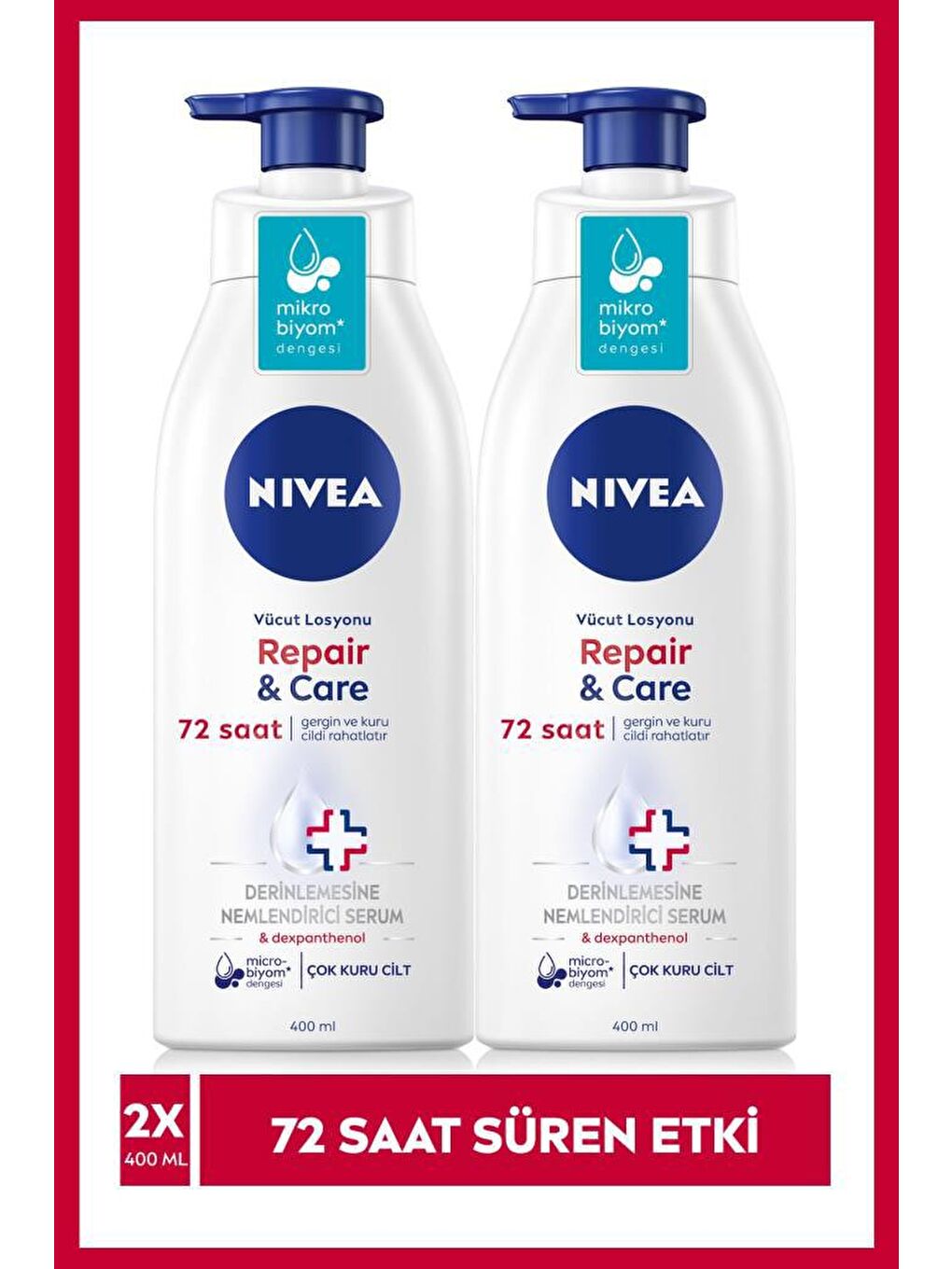 NIVEA Şeffaf Atopik Ciltler Için Vücut Serumu Repair & Care 400 ml x2 Adet, Çok Kuru Cilt, 72 Saat Ne mlendirme