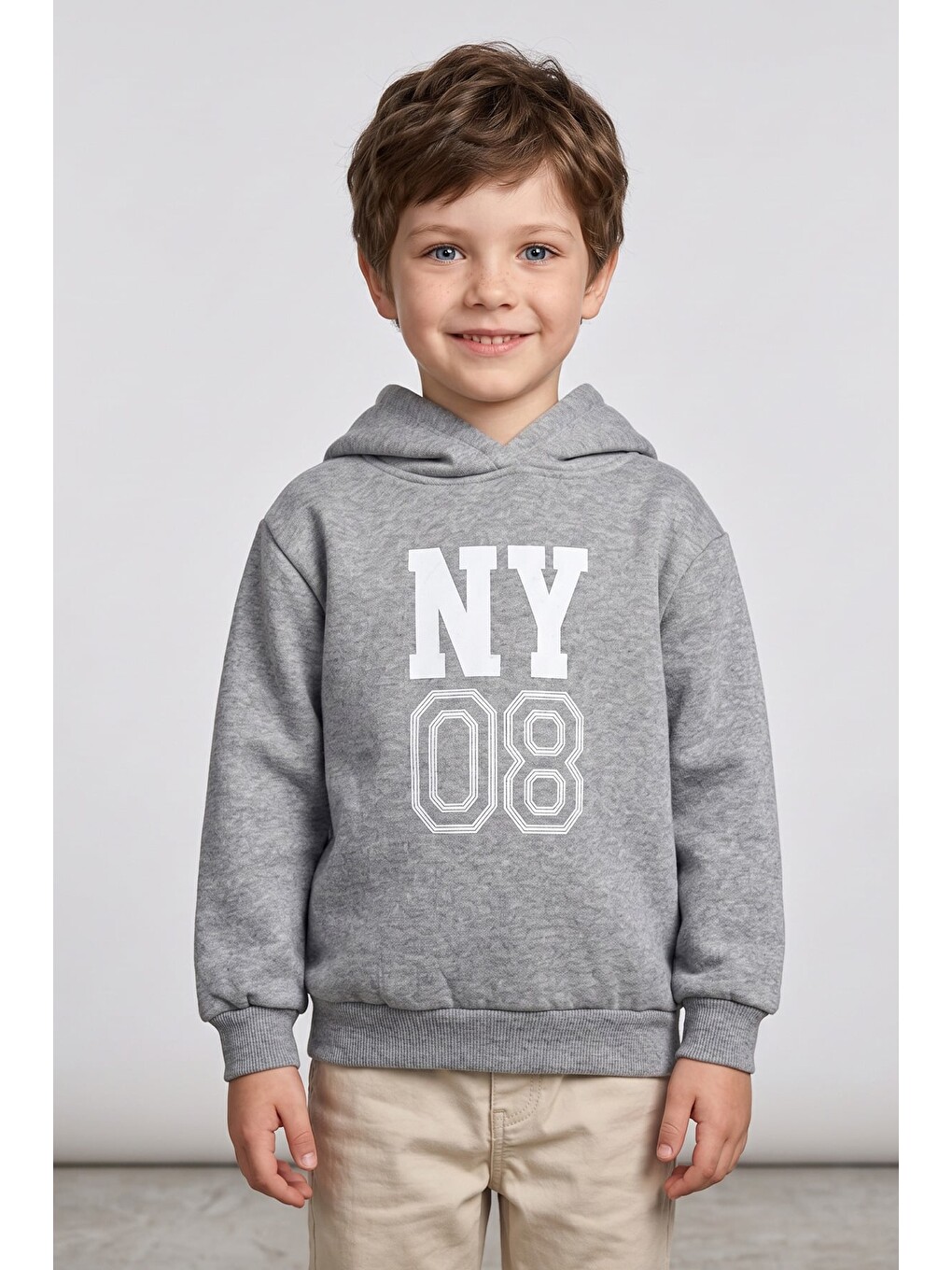Gri 3 İ̇plik Yazı Ve Sayı Baskılı Kapüşonlu Erkek Çocuk Sweatshirt-1