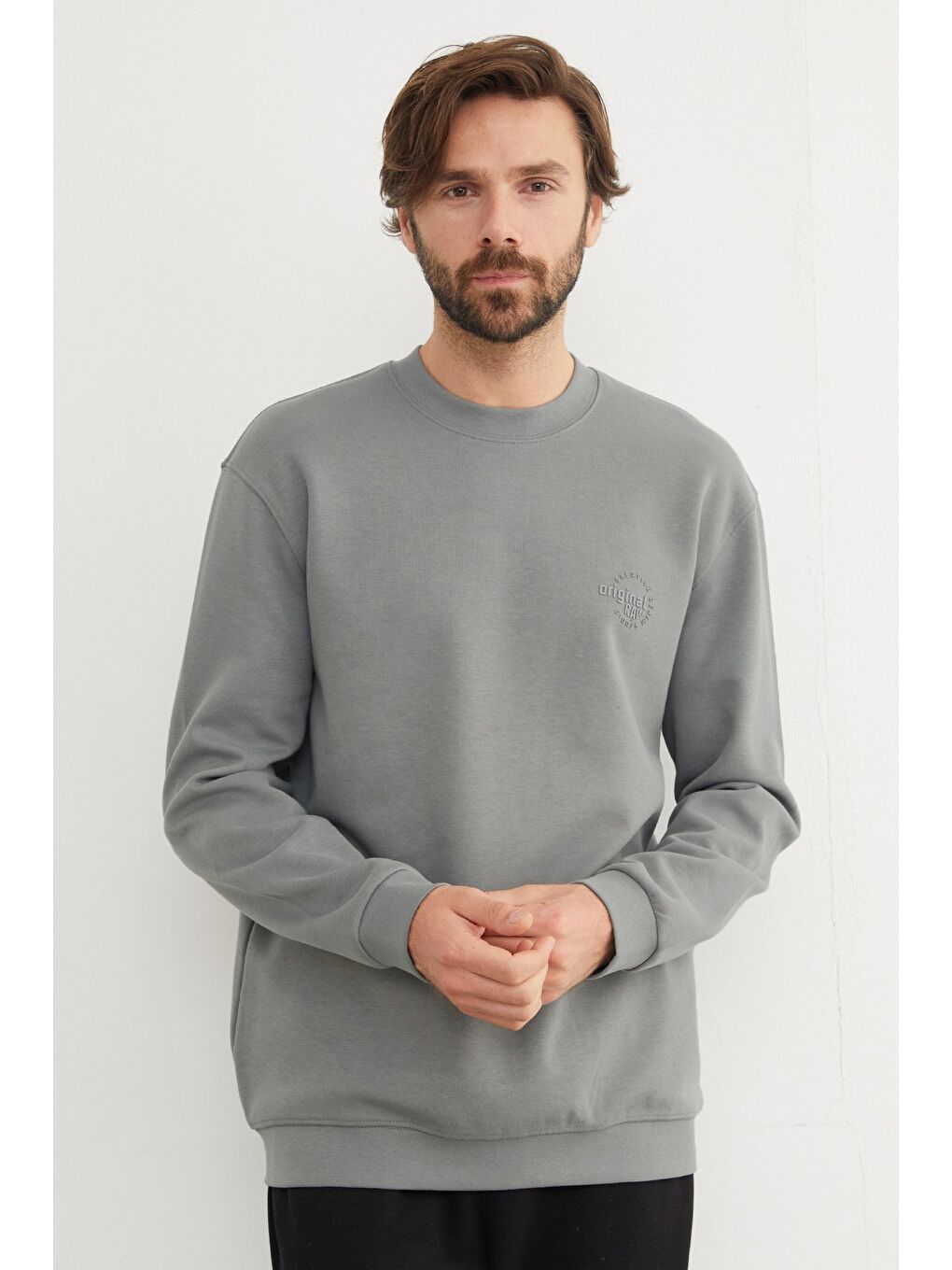 Gri Original Raw Kabartma Baskılı Büyük Beden Sweatshirt-1