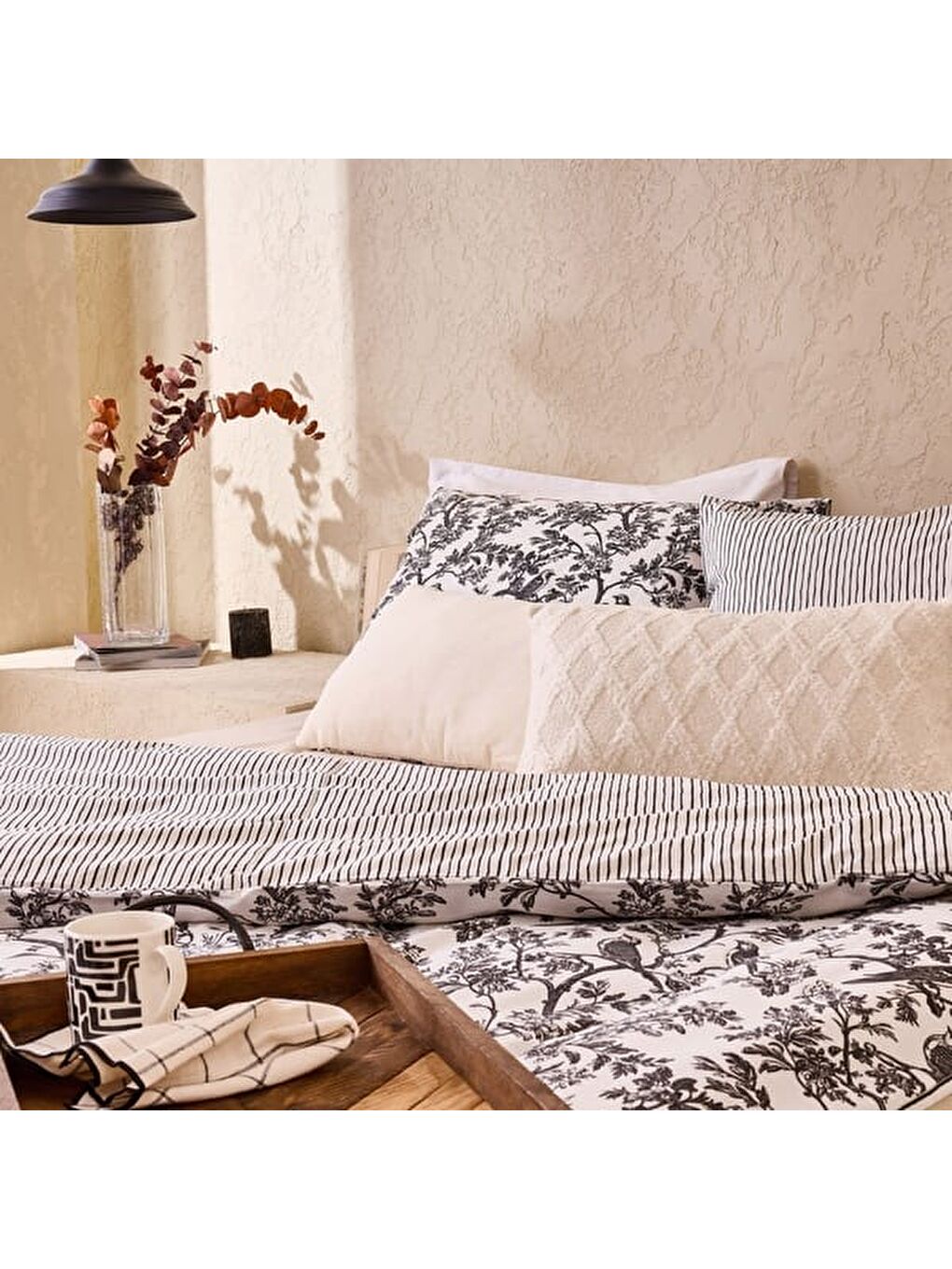 Siyah Soft Peace Çift Kişilik Nevresim Takımı - Beyaz / Antrasit-5
