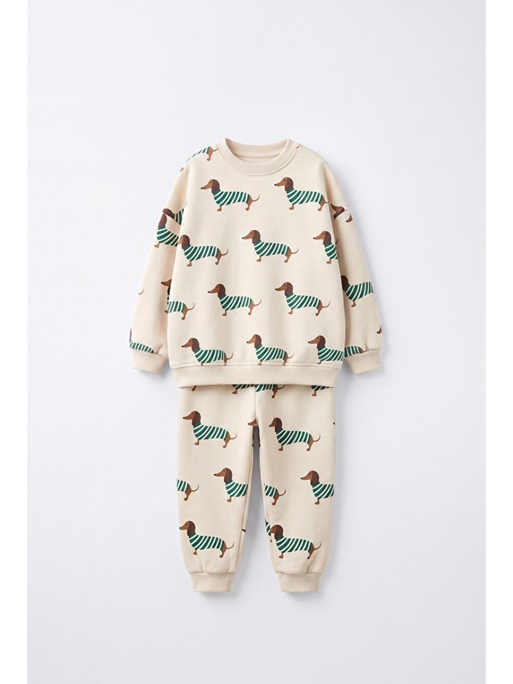 Çocuk Köpek Desenli Ekru Sweatshirt Ve Eşofman Altı Takımı