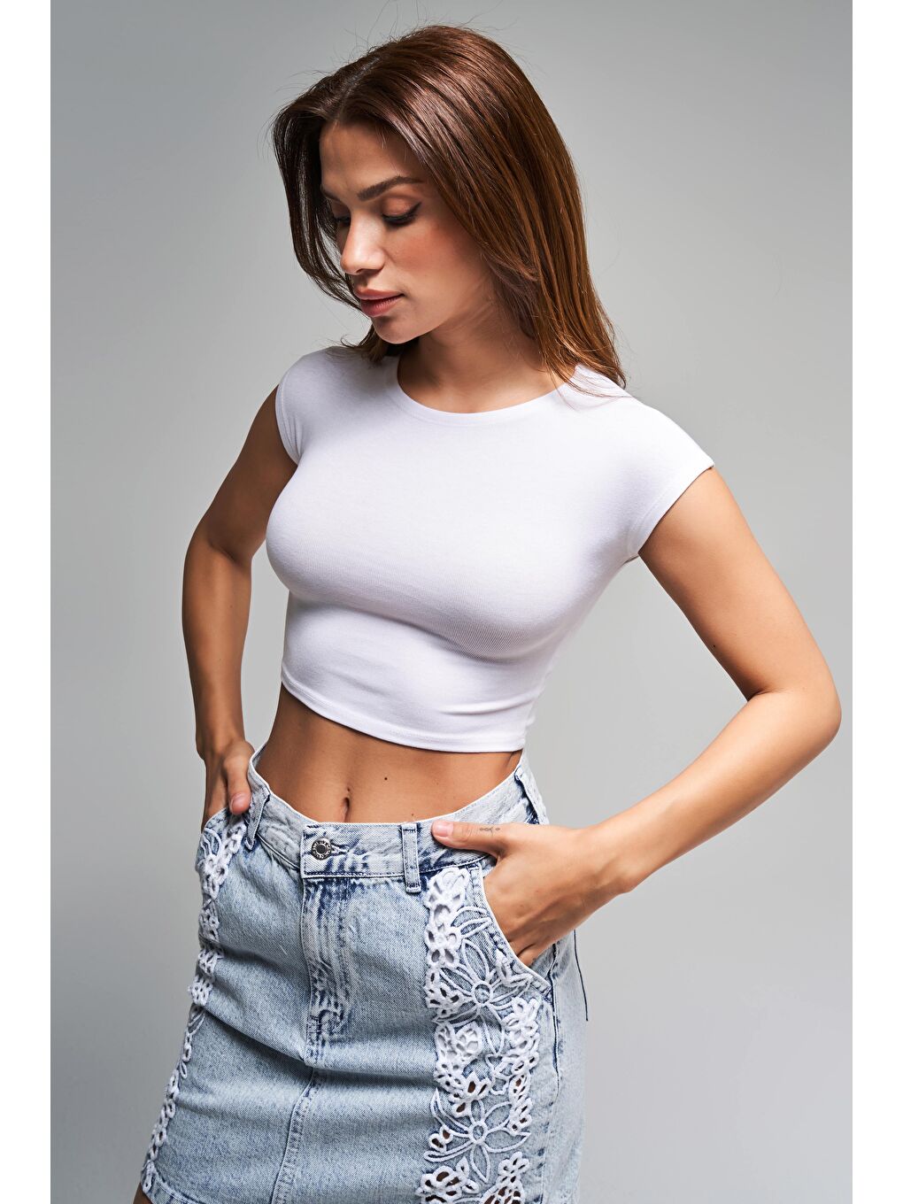 Kadın Beyaz Renk S5-2 Süper Esnek Kumaş %100 Pamuk Crop Fit Body