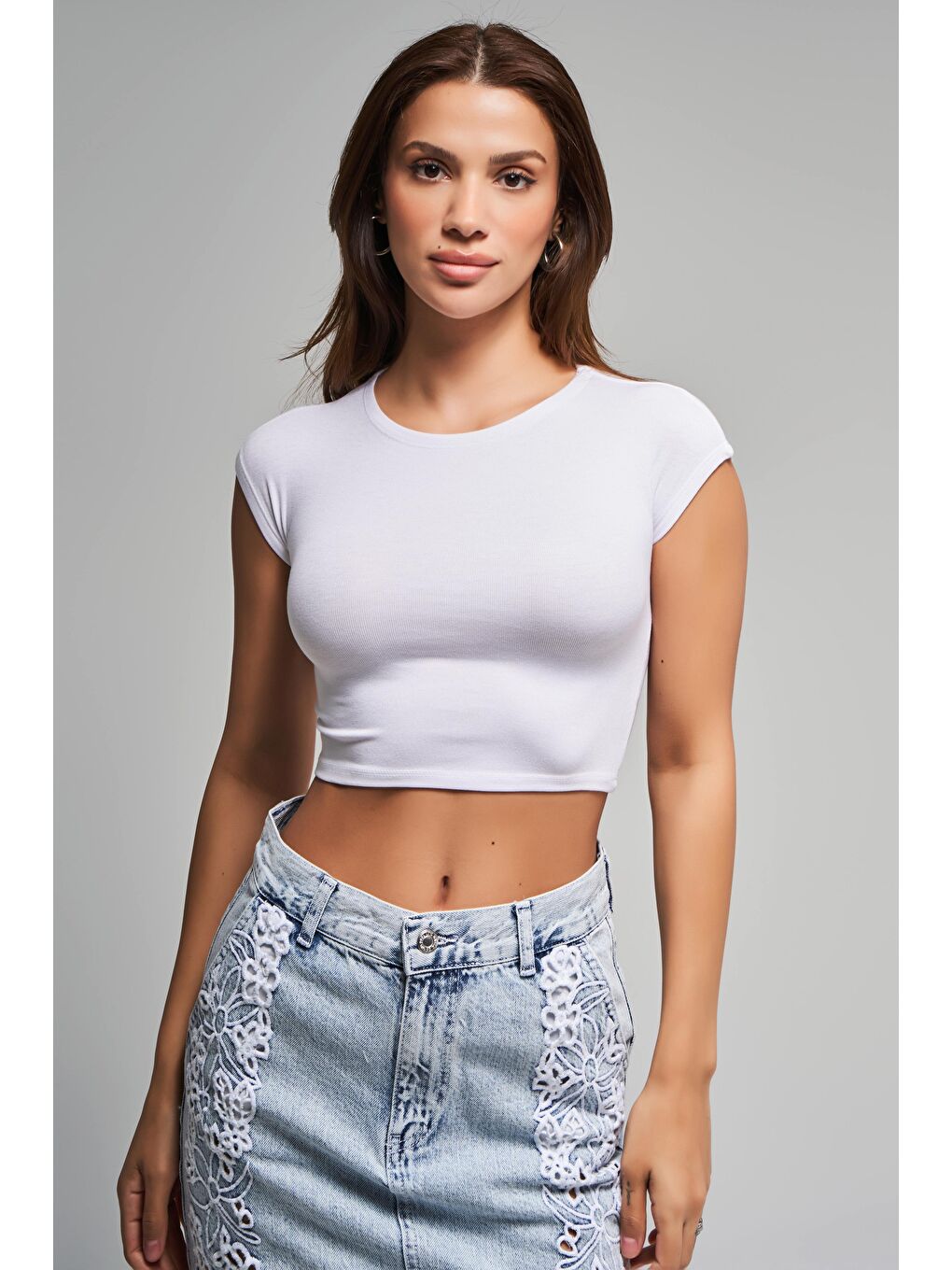 Kadın Beyaz Renk S5-2 Süper Esnek Kumaş %100 Pamuk Crop Fit Body-4