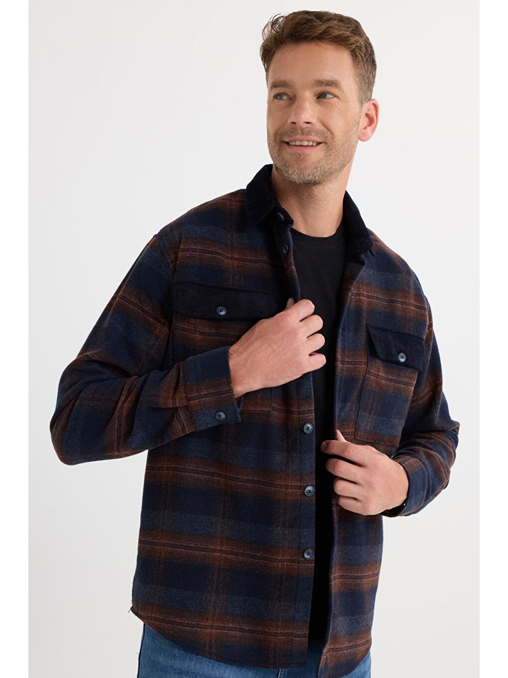 Karışık Erkek Relax Fit Rahat Kesim Spor Yaka Kareli Çift Cep Kapaklı Kışlık Gömlek-1