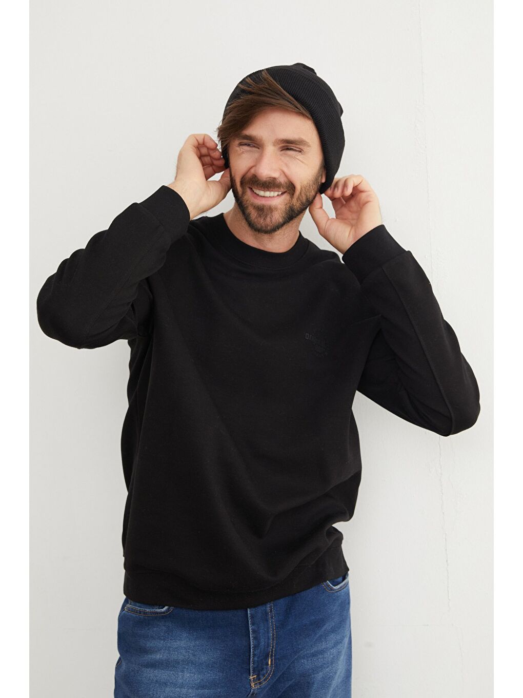 Siyah Original Raw Kabartma Baskılı Büyük Beden Sweatshirt-1