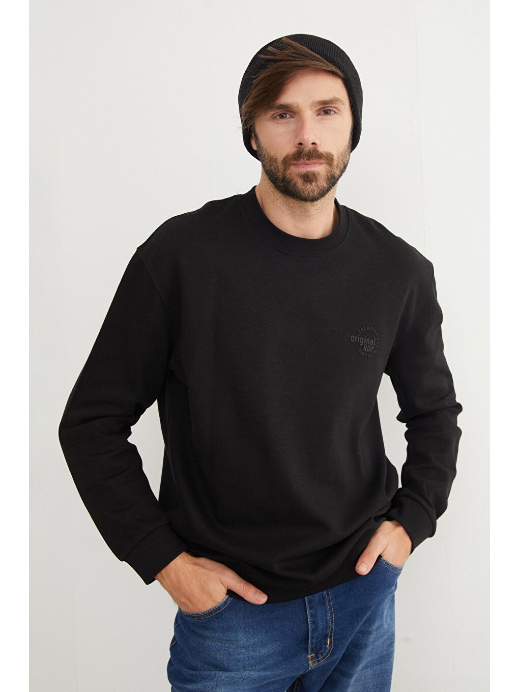 Siyah Original Raw Kabartma Baskılı Büyük Beden Sweatshirt-2
