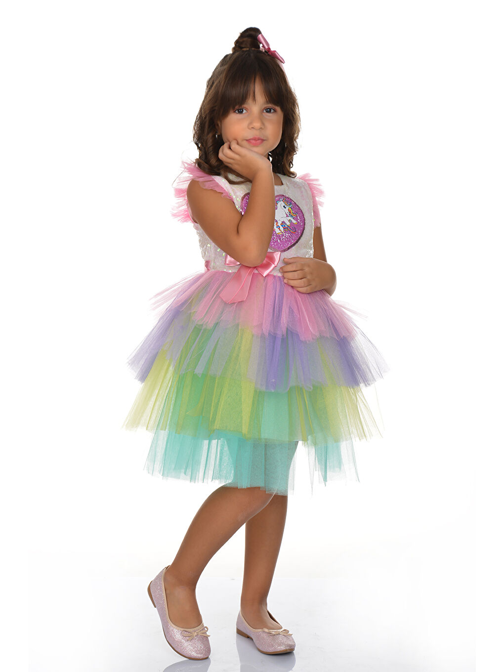 Pembe Kız Çocuk Boynuzlu At Pullu Tütü Elbise-1