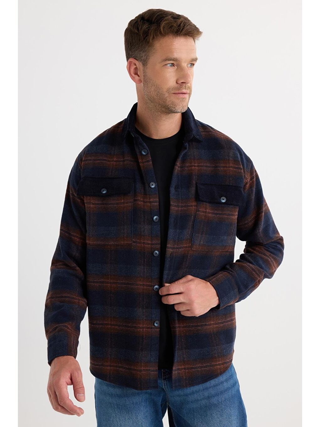 Karışık Erkek Relax Fit Rahat Kesim Spor Yaka Kareli Çift Cep Kapaklı Kışlık Gömlek-4