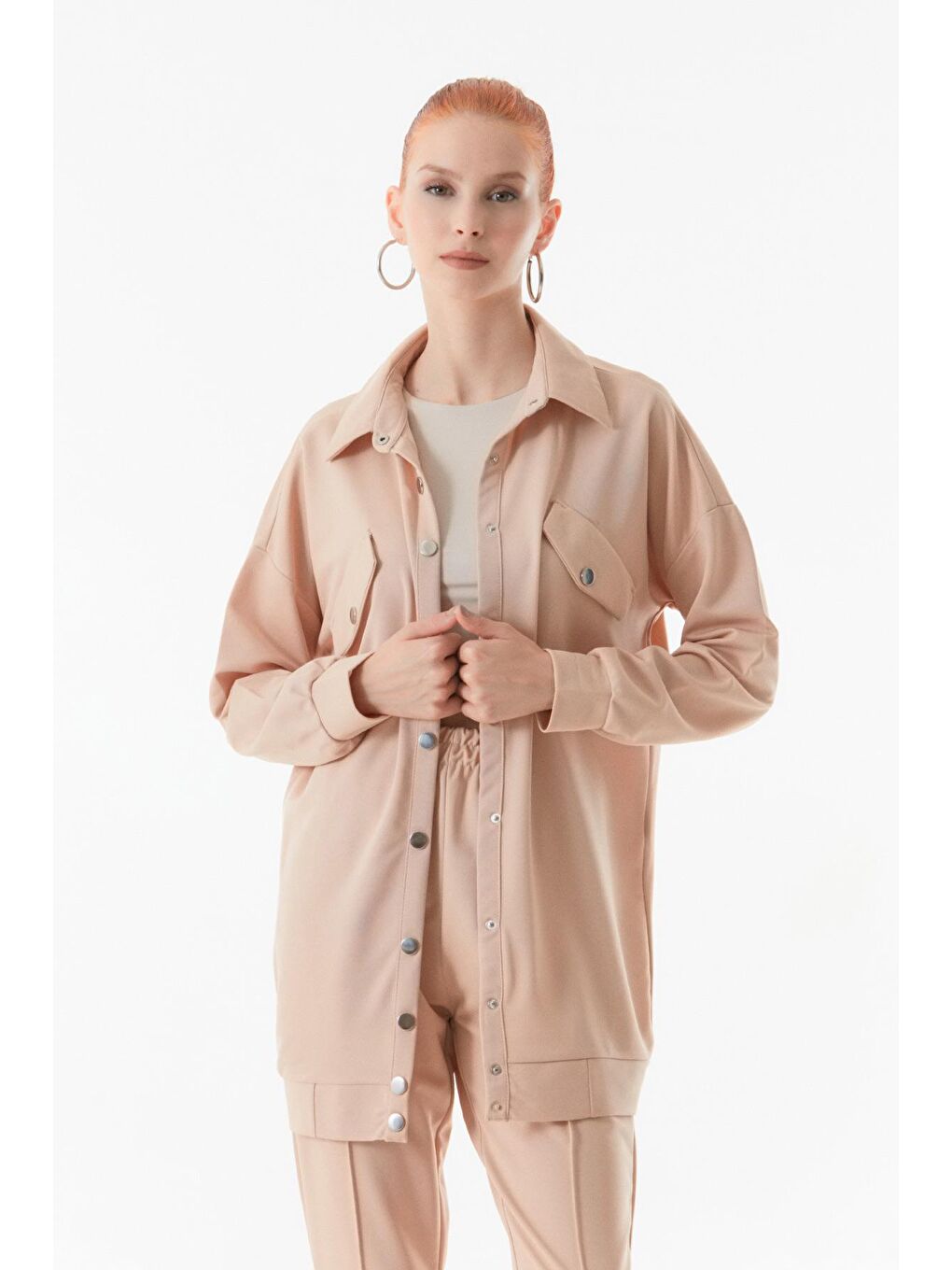 Bej Fullamodest Çıtçıtlı Cep Detaylı Takım