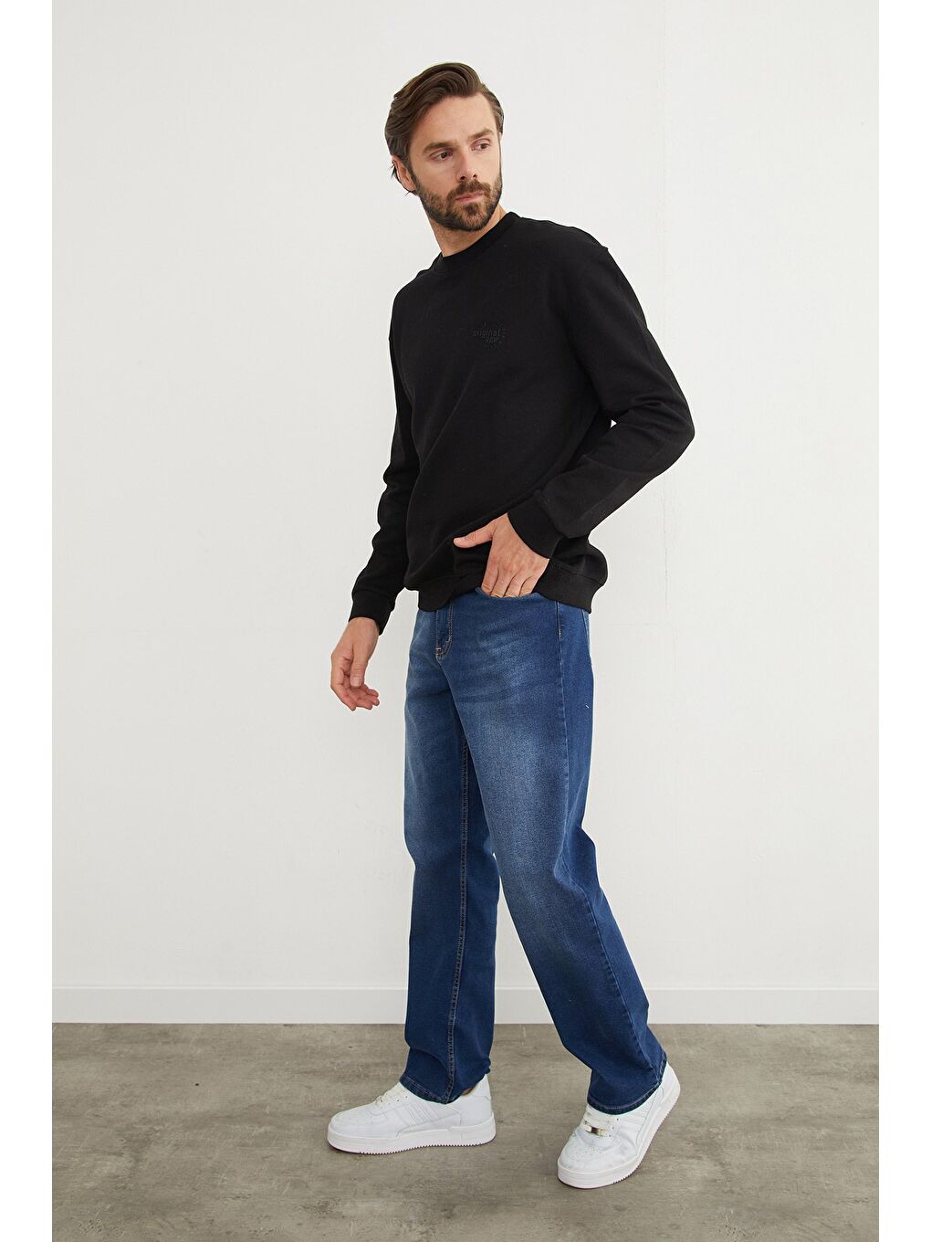 Siyah Original Raw Kabartma Baskılı Büyük Beden Sweatshirt-4