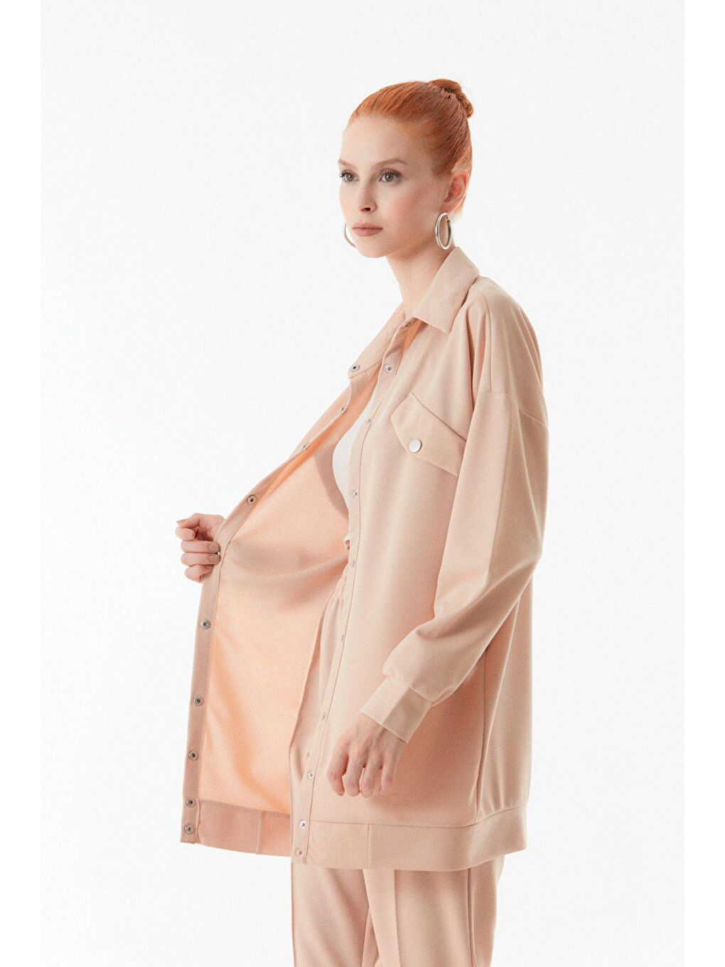 Bej Fullamodest Çıtçıtlı Cep Detaylı Takım-1