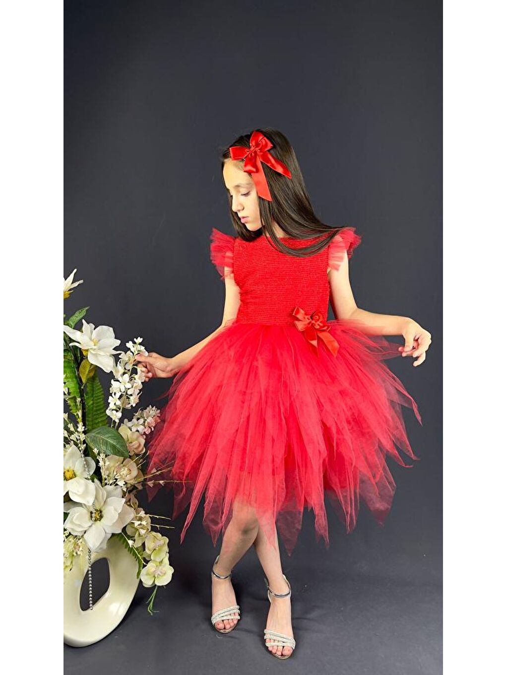 Kırmızı Mnk Tüllü Kırçıllı Kız Çocuk Parti Elbisesi-6