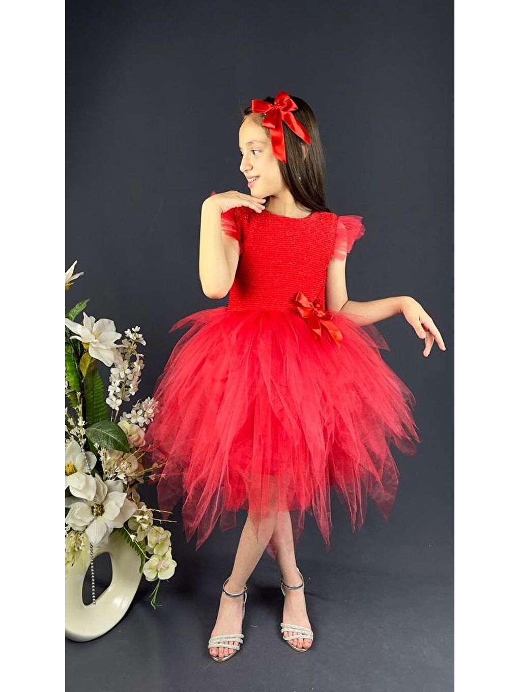 Kırmızı Mnk Tüllü Kırçıllı Kız Çocuk Parti Elbisesi-7