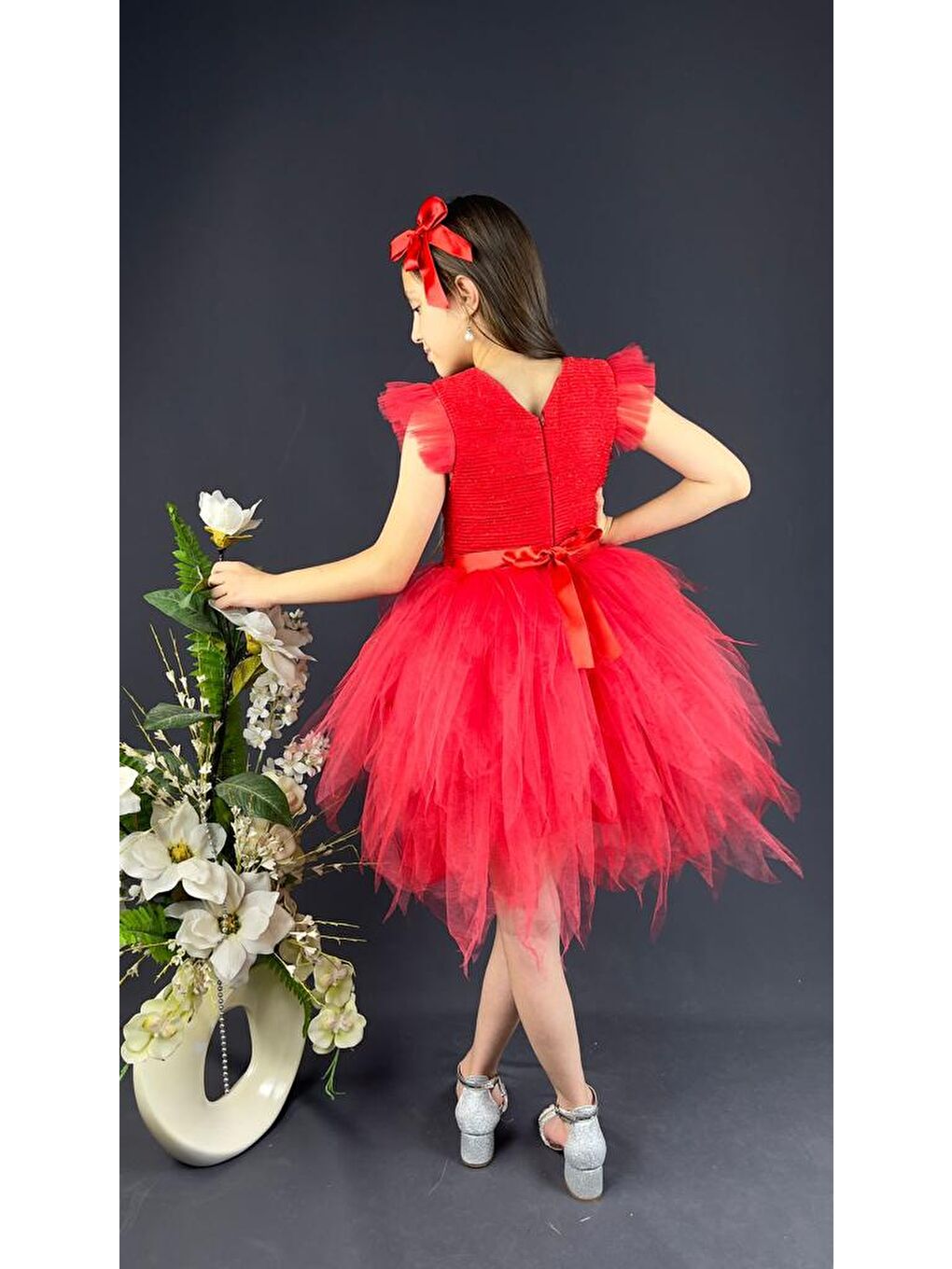 Kırmızı Mnk Tüllü Kırçıllı Kız Çocuk Parti Elbisesi-8
