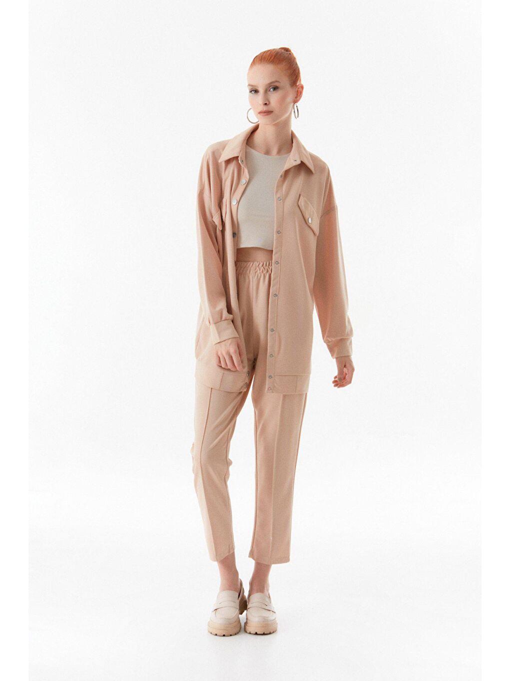 Bej Fullamodest Çıtçıtlı Cep Detaylı Takım-2
