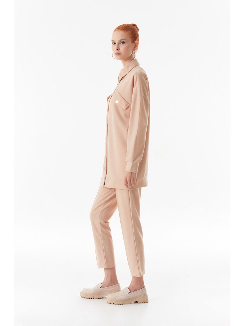 Bej Fullamodest Çıtçıtlı Cep Detaylı Takım-4
