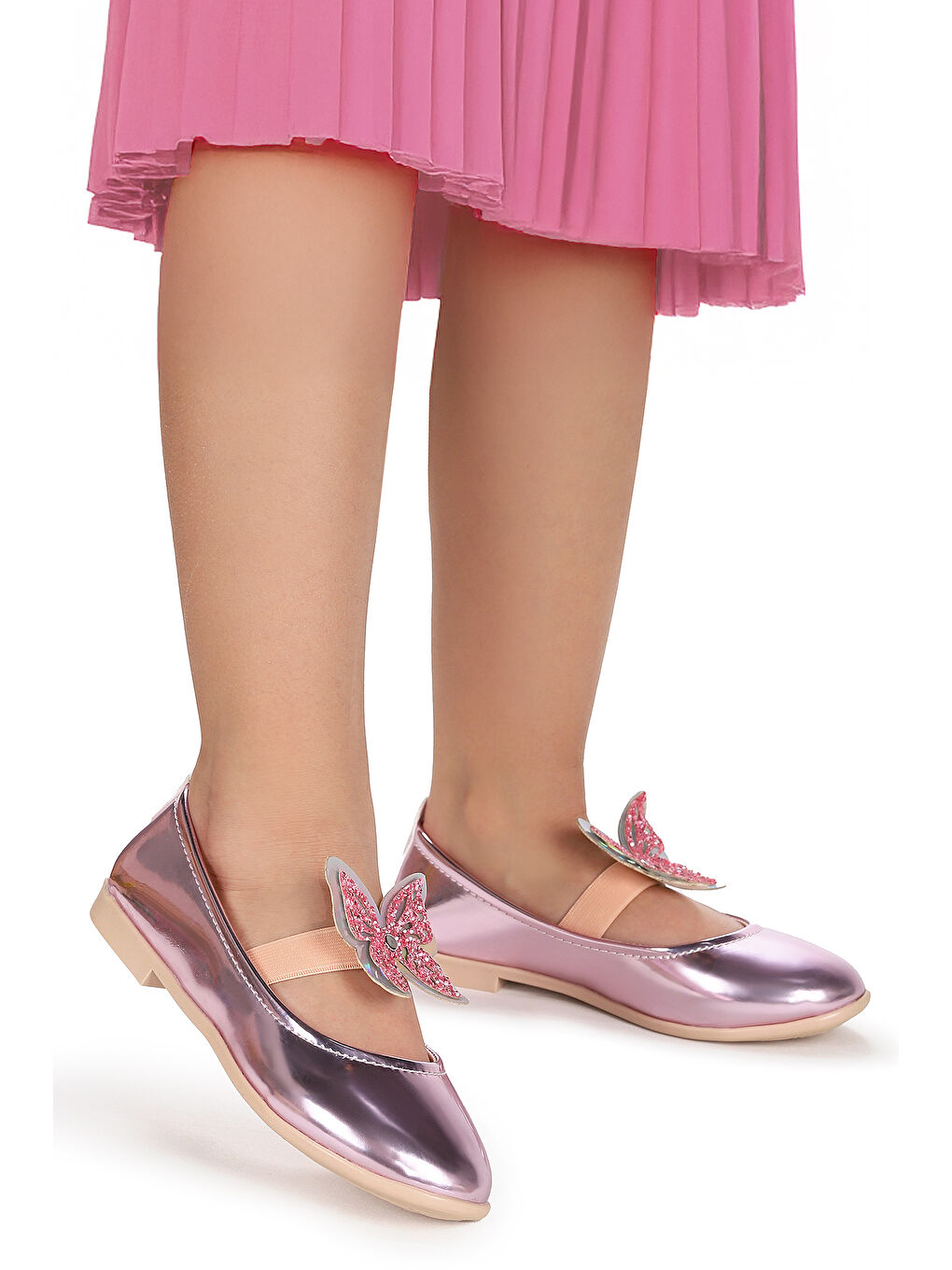 Pembe Menz Ayna Kelebek Lastikli Kız Çocuk Babet Ayakkabı-2