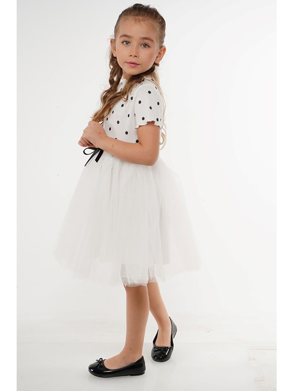 Beyaz Kısa Kol Kız Puantiyeli Tütülü Günlük Elbise MNK0504-8