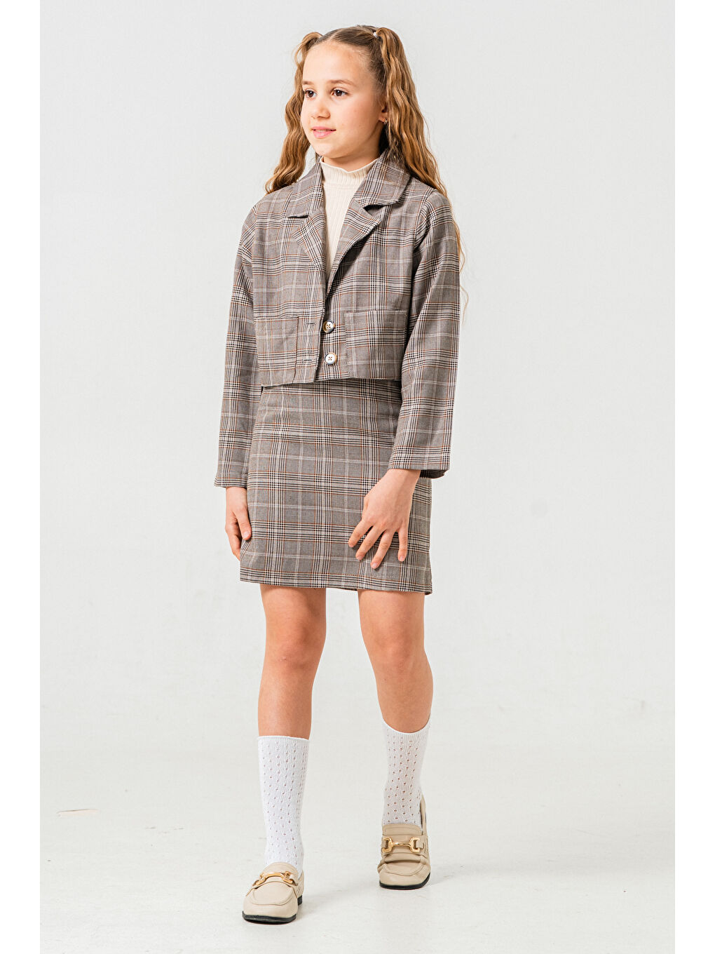 Kahverengi Kruvaze Ceketli Üçlü Etekli Takım 5-9 Yaş Kahve 3759-2