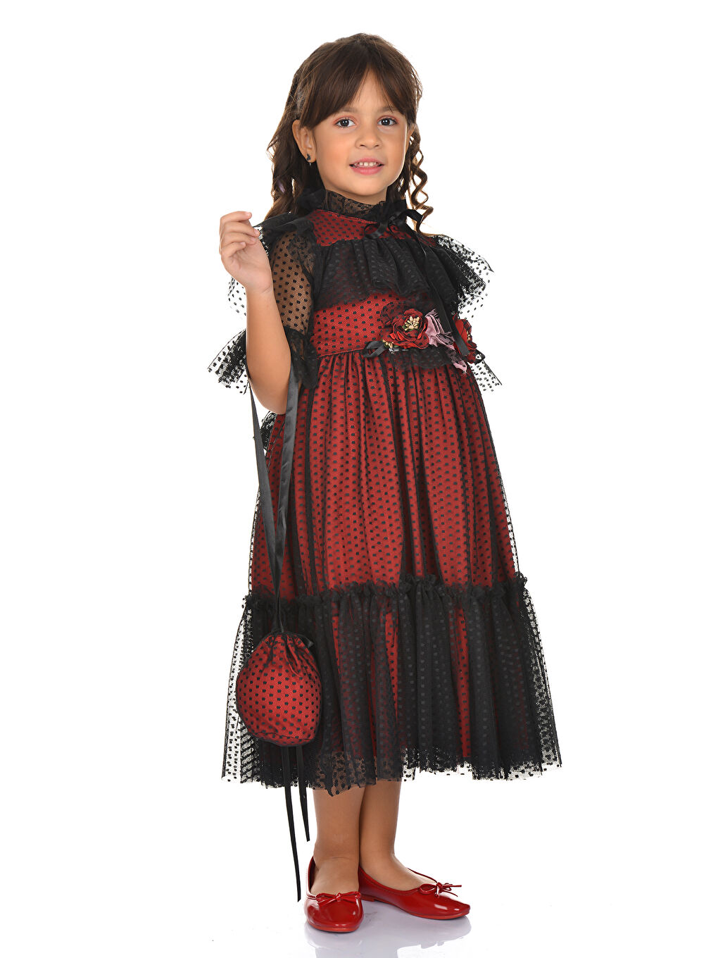 Kırmızı Dantel Vintage Çantalı Elbise MNKA248-1