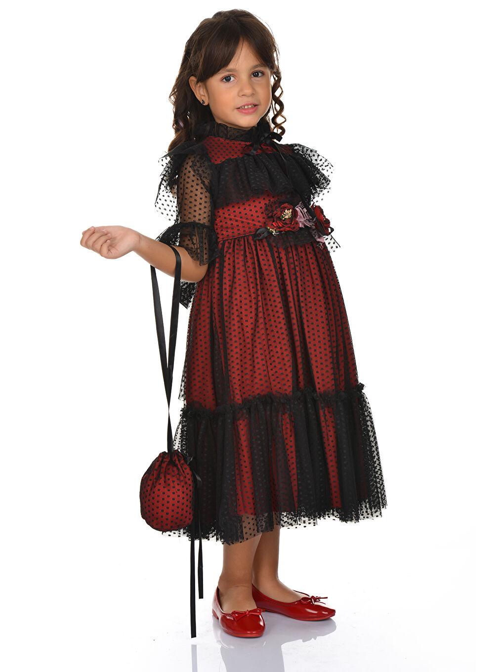 Kırmızı Dantel Vintage Çantalı Elbise MNKA248-2