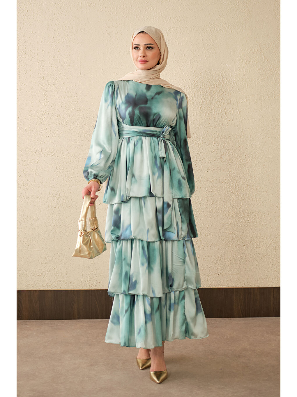 Kadın Etnik Desen Arkadan Bağlamalı Elbise Mavi-1