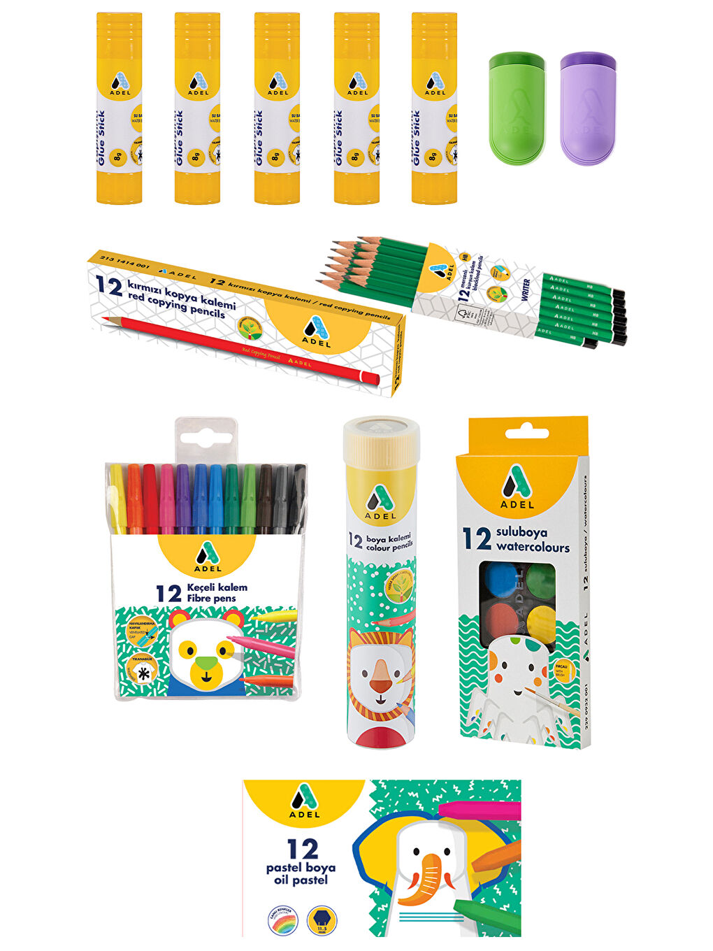 13 Parça Okul Öğrenci Seti,Boyama Seti,Yazı Seti,Stick Yapıştırıcı,Kalemtıraş Donanımlı Set