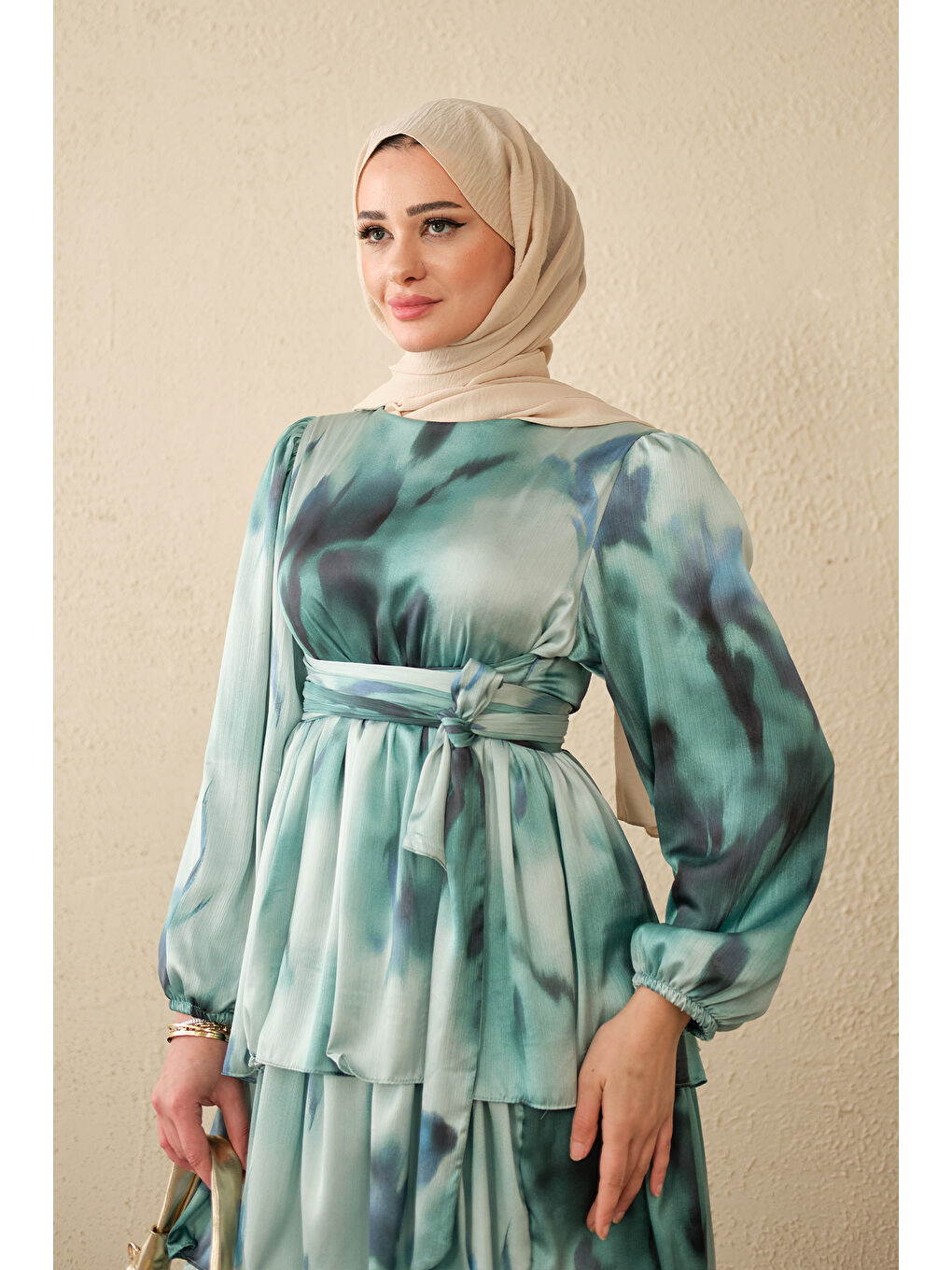 Kadın Etnik Desen Arkadan Bağlamalı Elbise Mavi-2