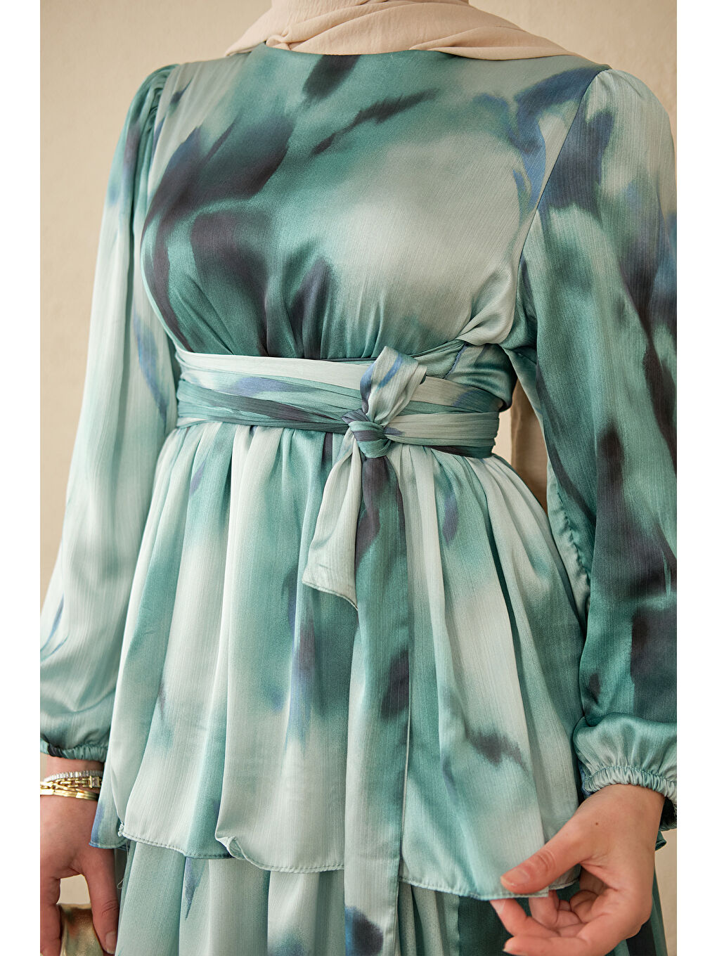 Kadın Etnik Desen Arkadan Bağlamalı Elbise Mavi-3