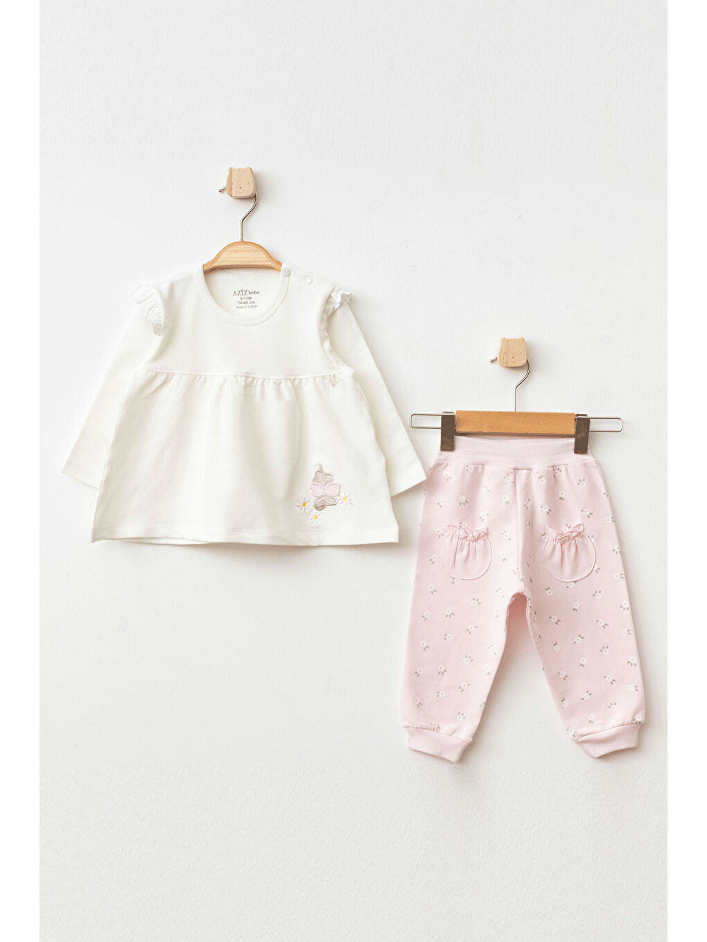 AZİZ BEBE Pembe Kız Bebek Çiçek Desenli Sweatshirt Pantolon 2 'li Alt Üst Bebek Takımı 3 Ay-36 Ay