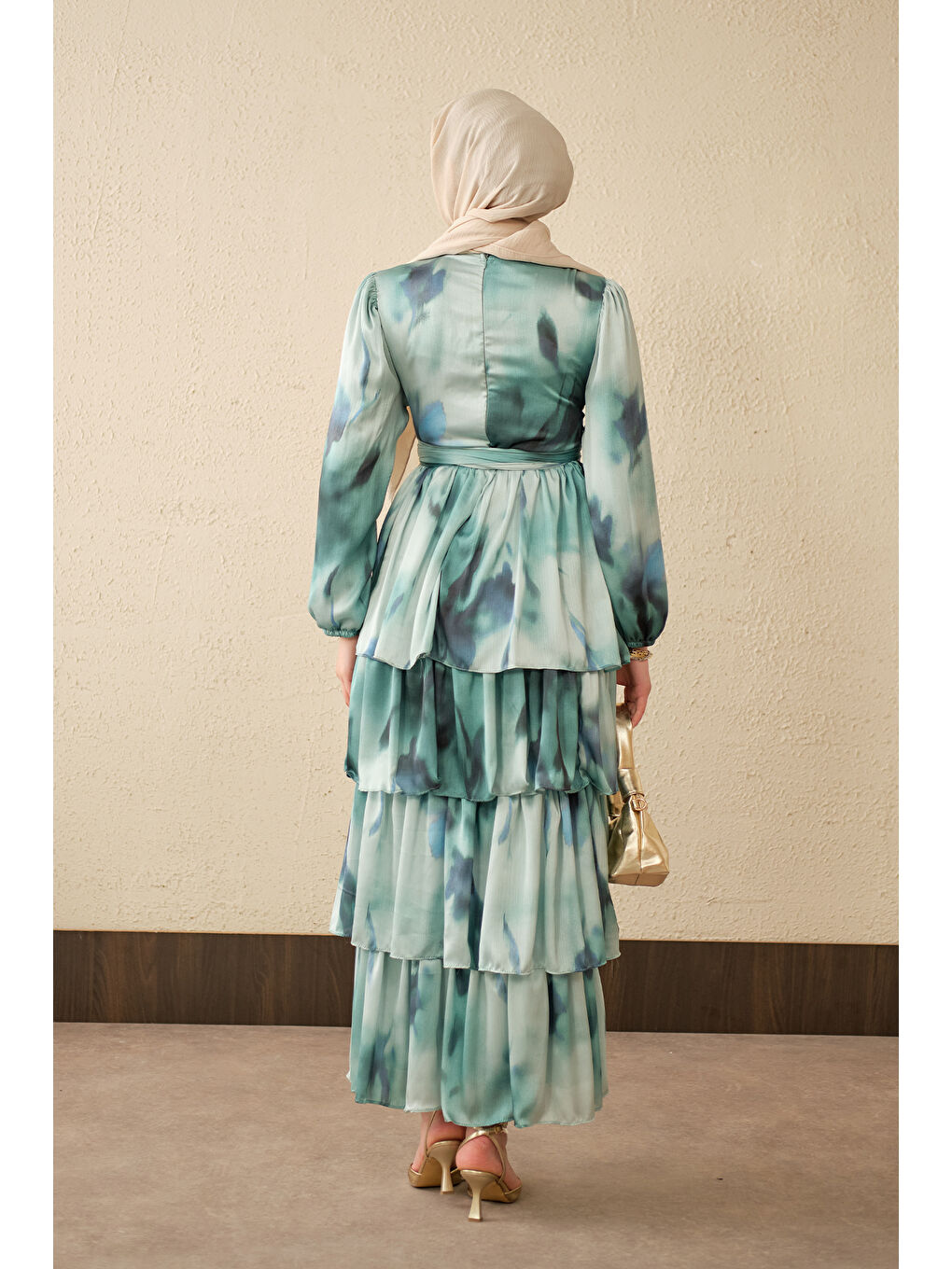 Kadın Etnik Desen Arkadan Bağlamalı Elbise Mavi-4