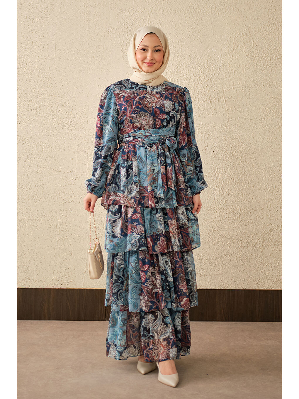 Kadın Etnik Desen Bel Bağlamalı Elbise Mavi