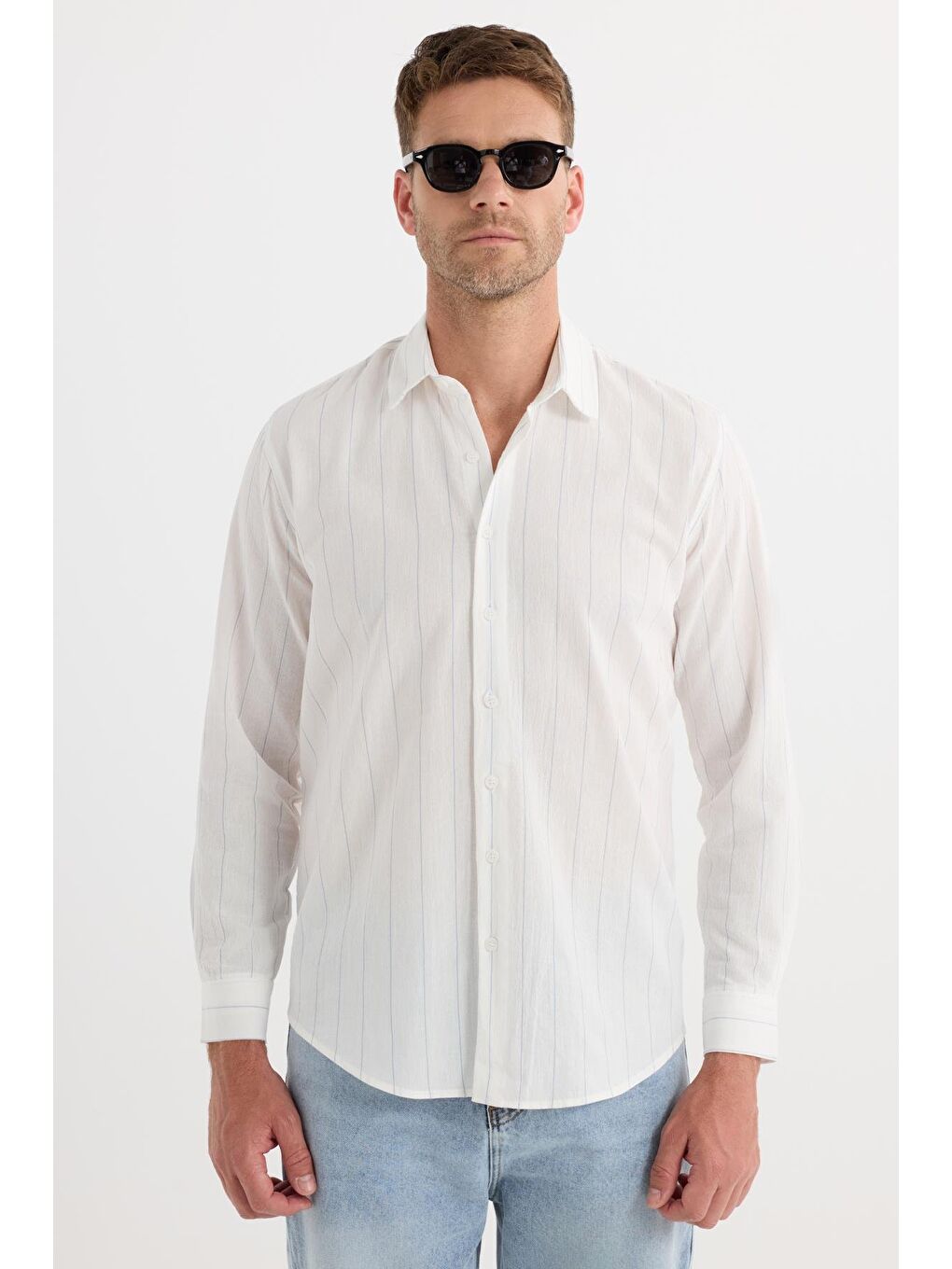 Karışık Erkek Regular Fit Klasik Kesim Spor Yaka Çizgili Pamuk Gömlek-3