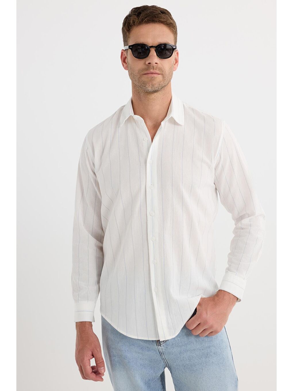Karışık Erkek Regular Fit Klasik Kesim Spor Yaka Çizgili Pamuk Gömlek-4
