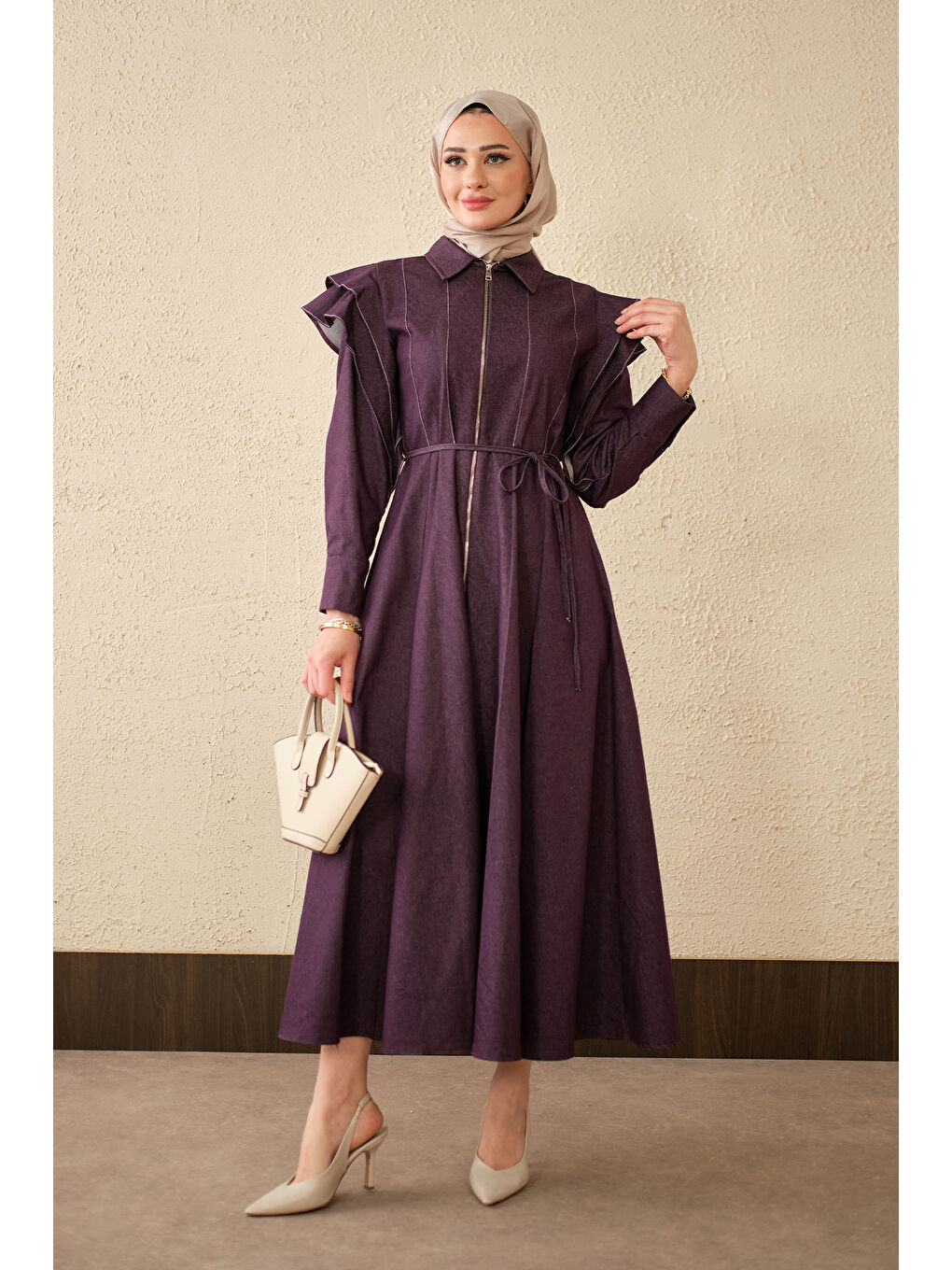 Kadın Dikiş Detay Omuz Büzgülü Jean Elbise Mor