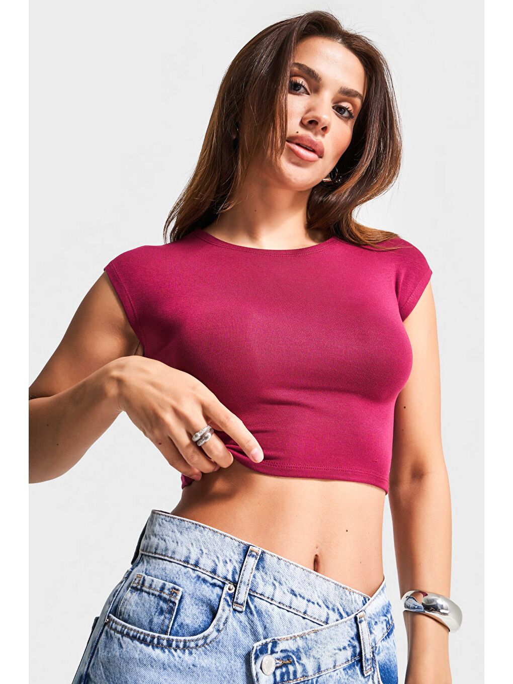 Kadın Bordo Renk S5-35 Süper Esnek Kumaş %100 Pamuk Crop Fit Body