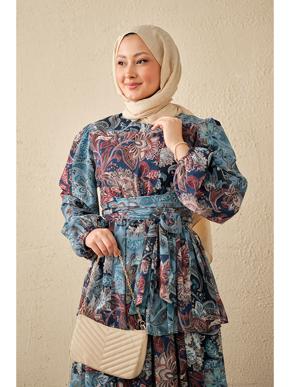 Kadın Etnik Desen Bel Bağlamalı Elbise Mavi-1