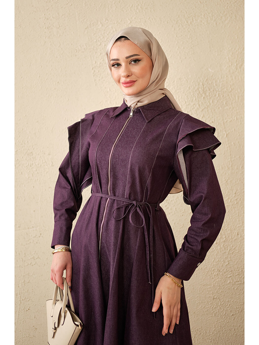 Kadın Dikiş Detay Omuz Büzgülü Jean Elbise Mor-1