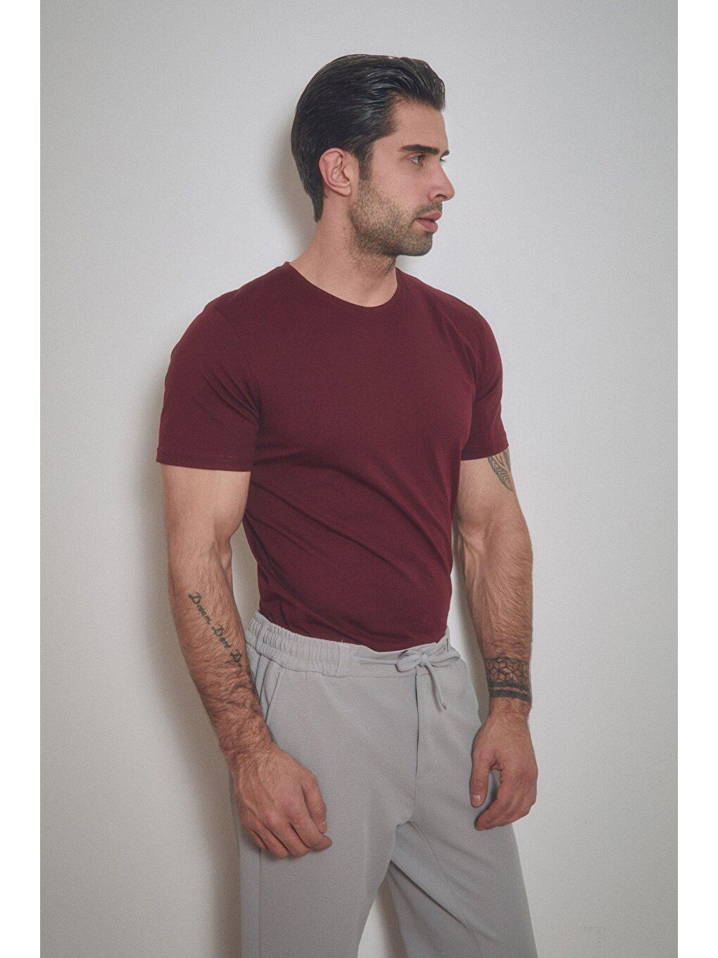 Bordo Basic Bisiklet Yaka Tişört-1